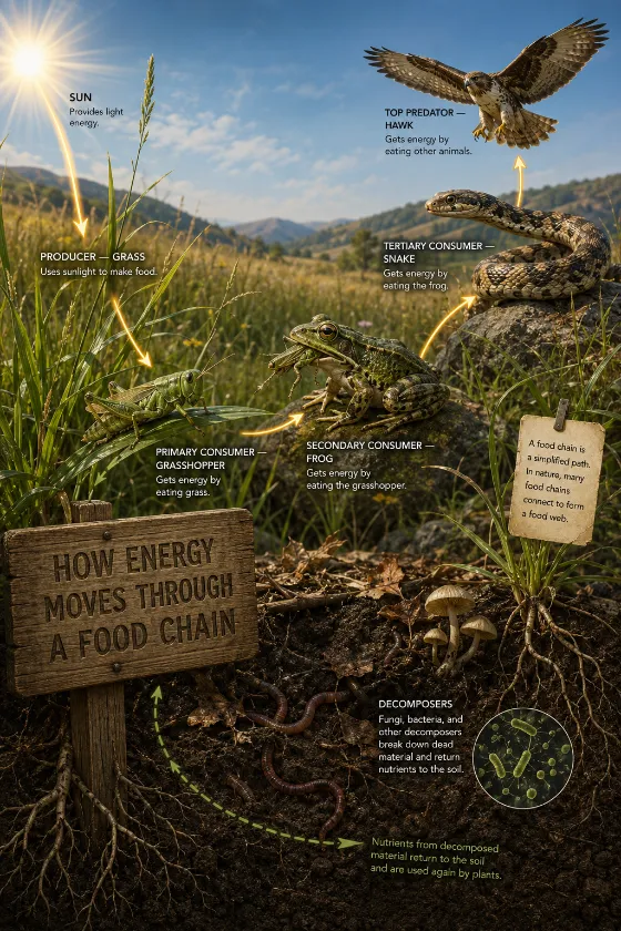 Educational grassland food chain scene with energy-flow lines from sunlight to grass, grasshopper, frog, snake, hawk, and a soil cutaway with decomposers.