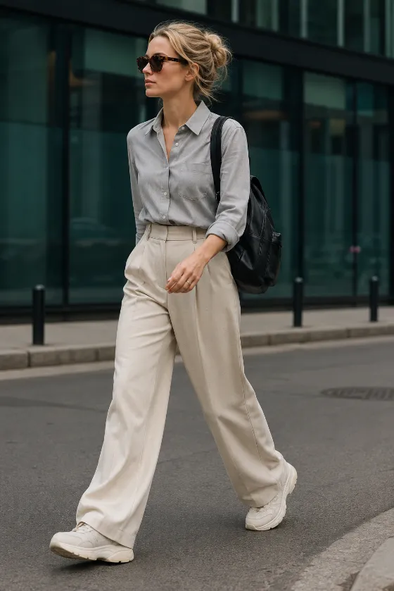 Full-length neutral street-style outfit with gray shirt, beige wide-leg trousers, backpack, and chunky sneakers.