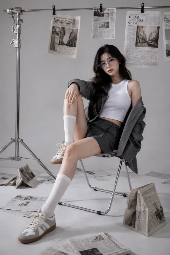 Fashion subject seated on a chrome chair in gray tailoring and white socks beneath clipped newspapers and studio lighting equipment