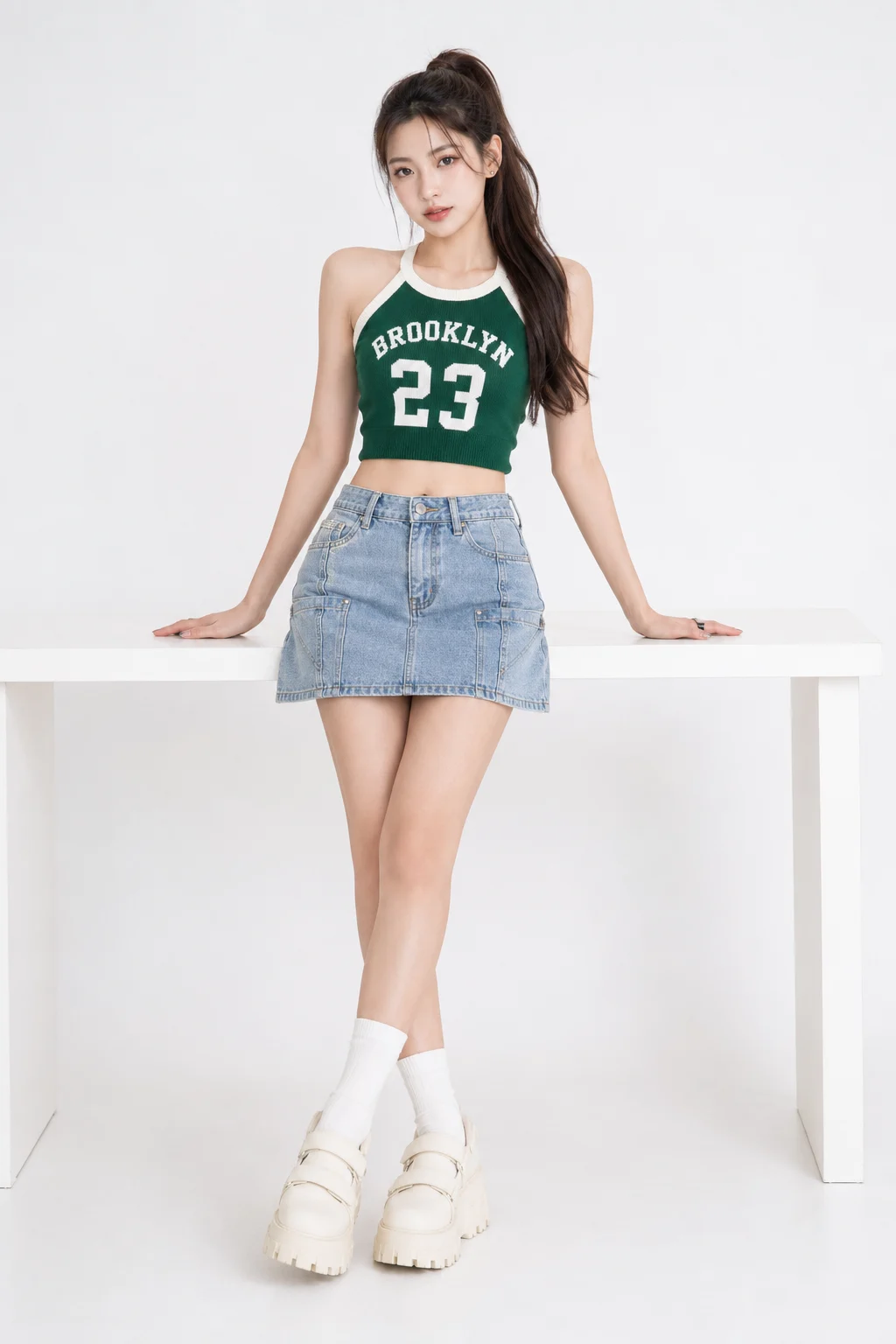 Vertical studio fashion portrait of a subject in a green collegiate crop top, light-blue denim mini skirt, white crew socks, and chunky cream platform shoes, leaning against a white table with crossed ankles.