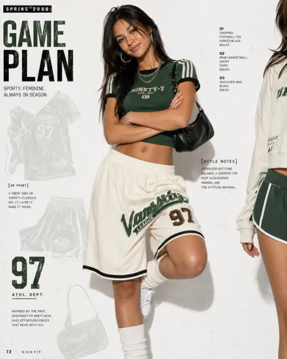 Full-body blokecore fashion portrait with a green cropped jersey, ivory varsity shorts, crossed-arm pose and white magazine collage background.
