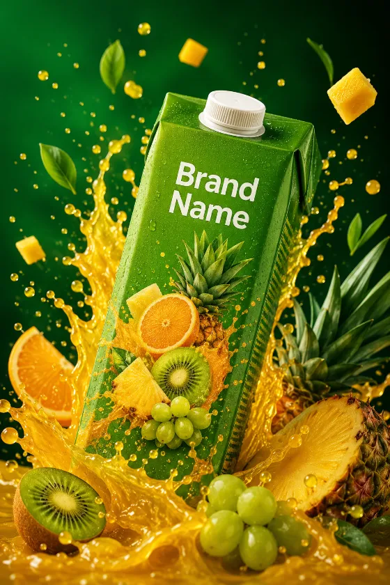 Green juice carton bursting through golden juice splash surrounded by tropical fruits on emerald studio background