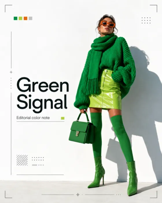 Vertical editorial social card with a green monochrome outfit, orange sunglasses, structured handbag, white negative, and refined typography.