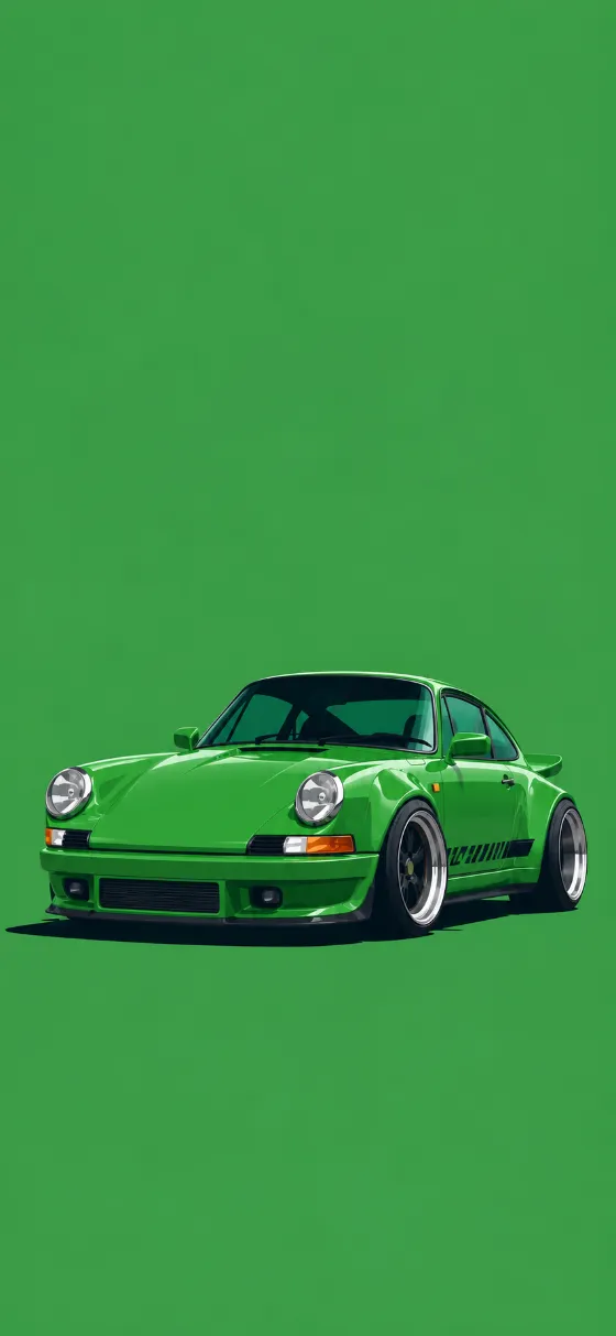 Green classic sports coupe in a low front three-quarter view on a clean green background for a phone wallpaper.