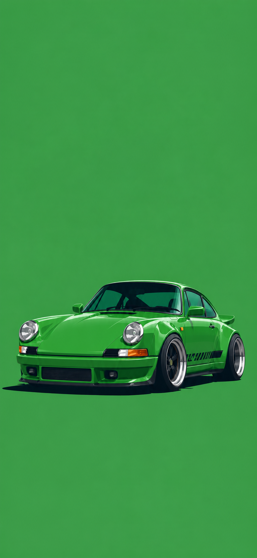 Green classic sports coupe in a low front three-quarter view on a clean green background for a phone wallpaper.