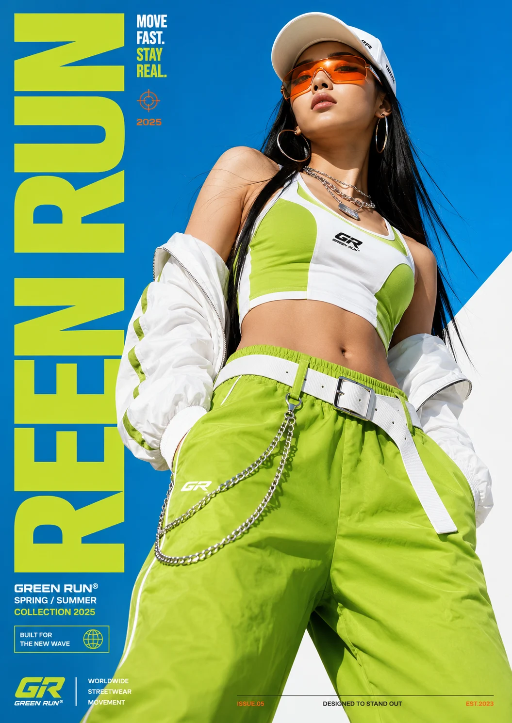 Asian female model in green track pants and white crop top poses with orange visor sunglasses against sky-blue background with large GREEN RUN typogra