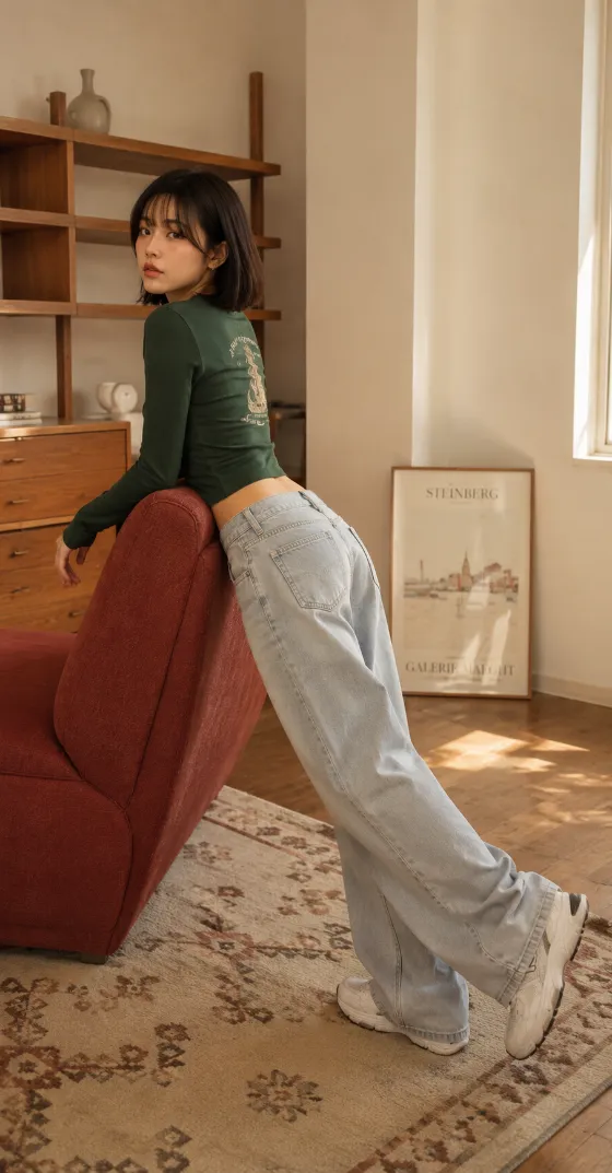 Person wearing an emerald green top, light-wash wide-leg jeans, and white sneakers leaning on a rust-red lounge chair in a warm minimalist living room