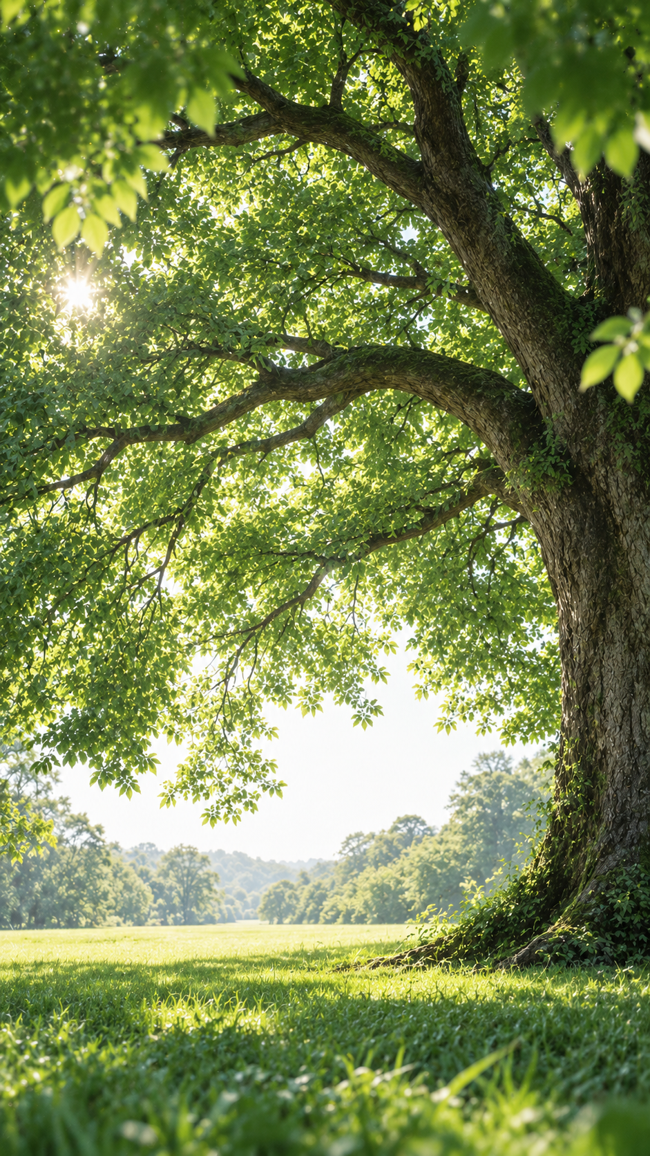 Vertical smartphone wallpaper showing a massive green tree canopy above a bright grassy clearing.