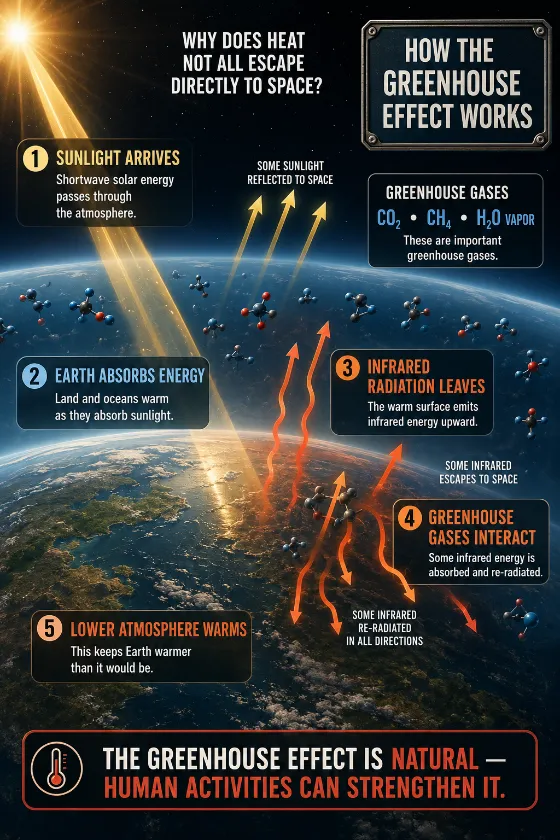 Educational Earth atmosphere scene showing sunlight, surface warming, infrared radiation, greenhouse gases, energy escaping to space, and lower-atmosphere warming.
