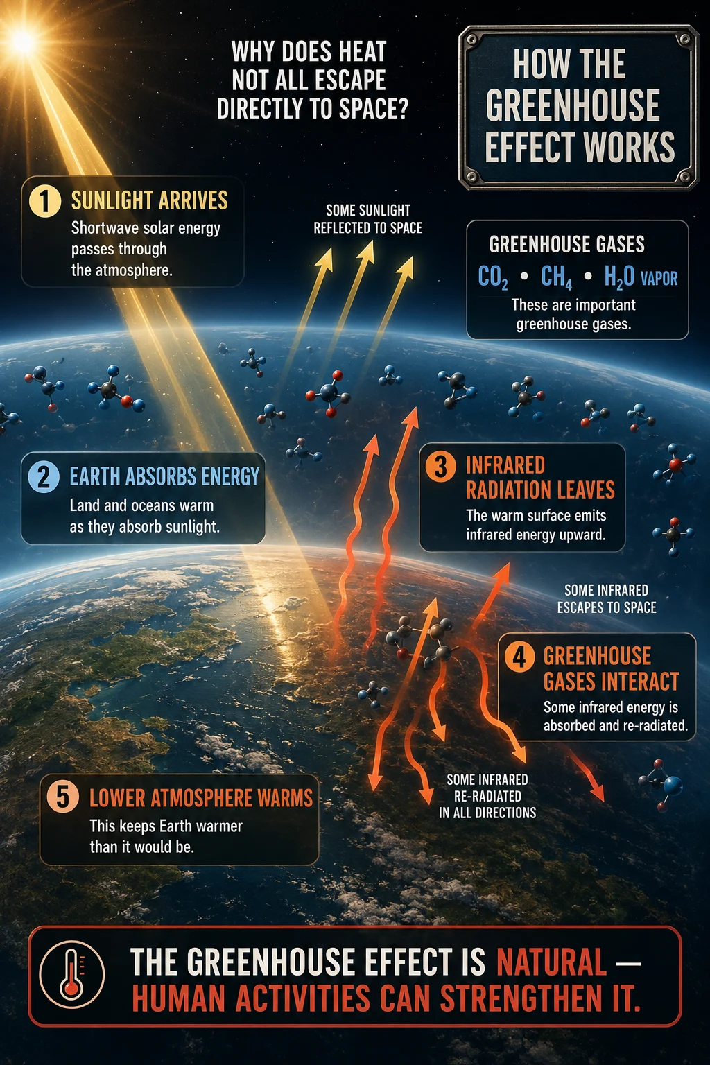 Educational Earth atmosphere scene showing sunlight, surface warming, infrared radiation, greenhouse gases, energy escaping to space, and lower-atmosphere warming.