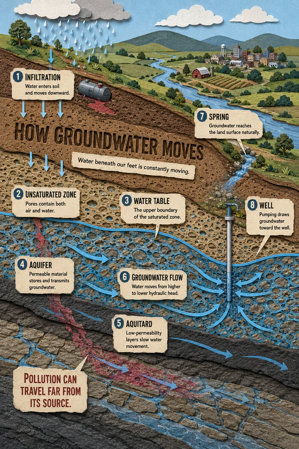 Educational groundwater diagram with layered geology, infiltration, saturated and unsaturated zones, aquifer flow, a pumped well, spring, and contamination plume.