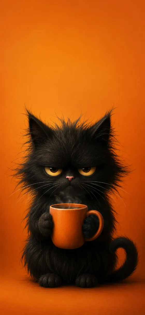 Stylized grumpy black cat holding an orange mug on a warm orange background with sleepy yellow eyes.