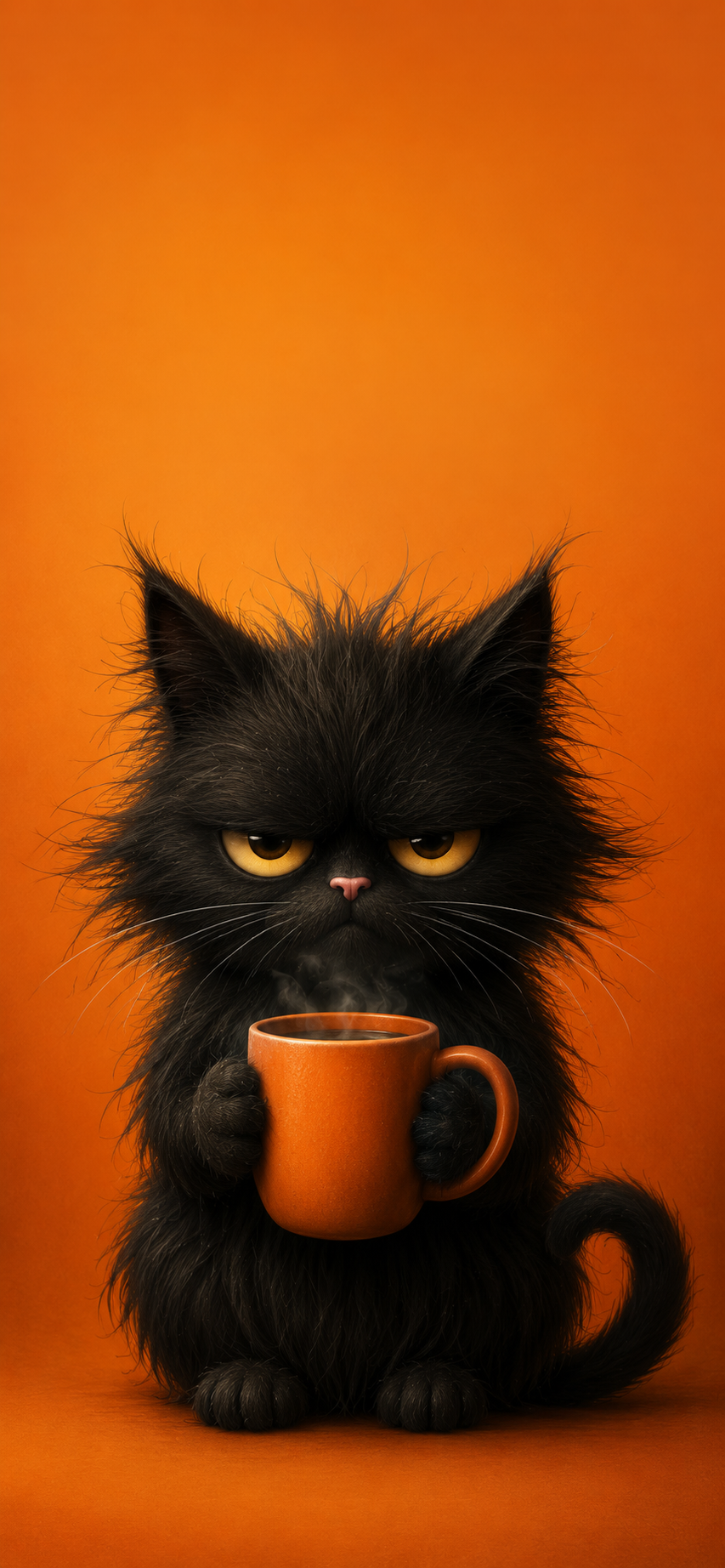 Stylized grumpy black cat holding an orange mug on a warm orange background with sleepy yellow eyes.