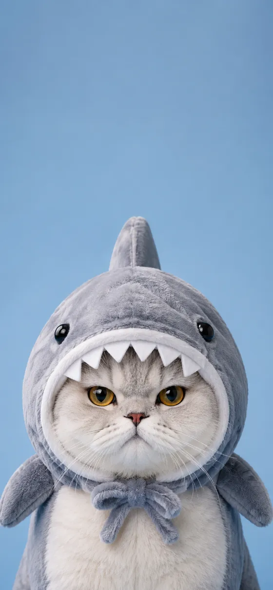 Stern silver-and-white cat wearing a gray plush shark hood with white teeth, side fins, and a bow against a powder-blue background.