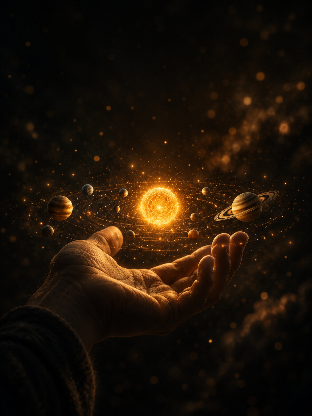 An open hand holds a glowing miniature solar system with a golden sun, orbiting planets, amber particles, and warm dark bokeh.