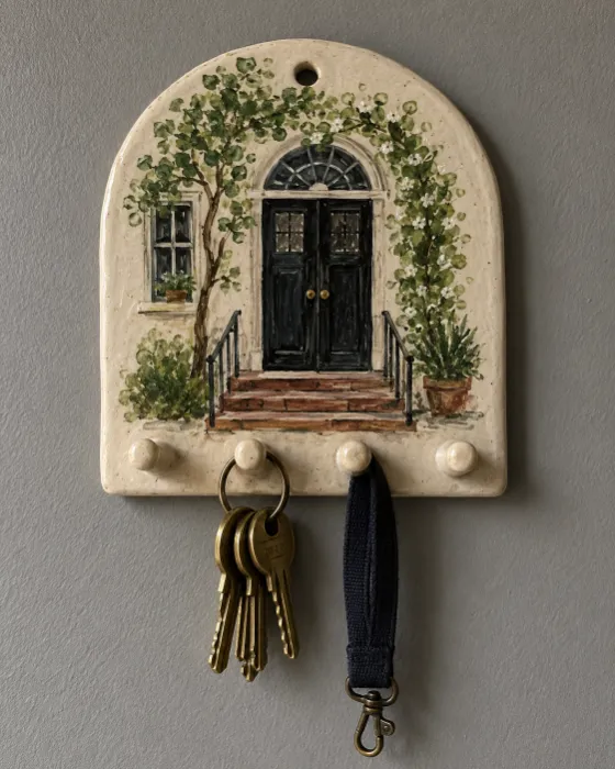 Arched ceramic key holder with painted doorway, brass keys, and dark lanyard on gray wall.