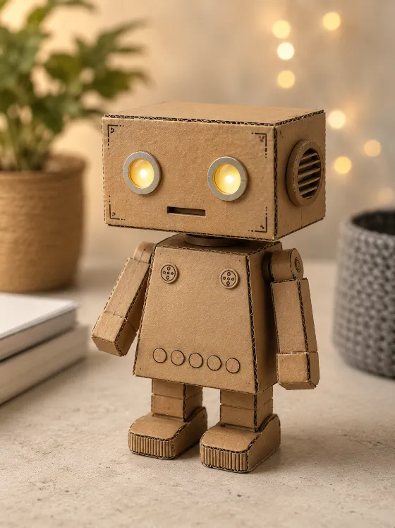 Cute corrugated-cardboard robot with warm illuminated eyes in a cozy home-studio scene.