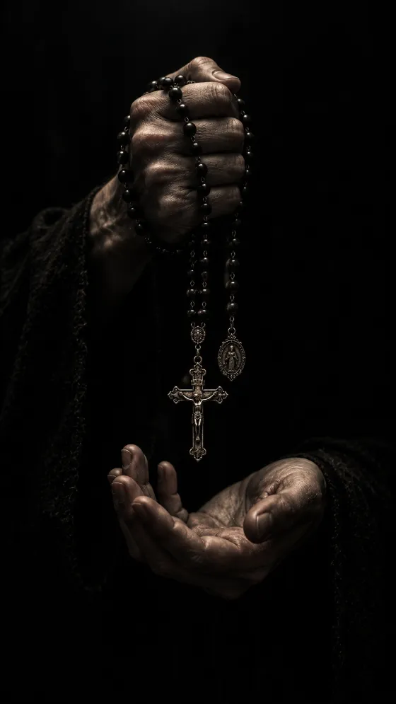 Hands holding a dark rosary and crucifix in dramatic low-key lighting.