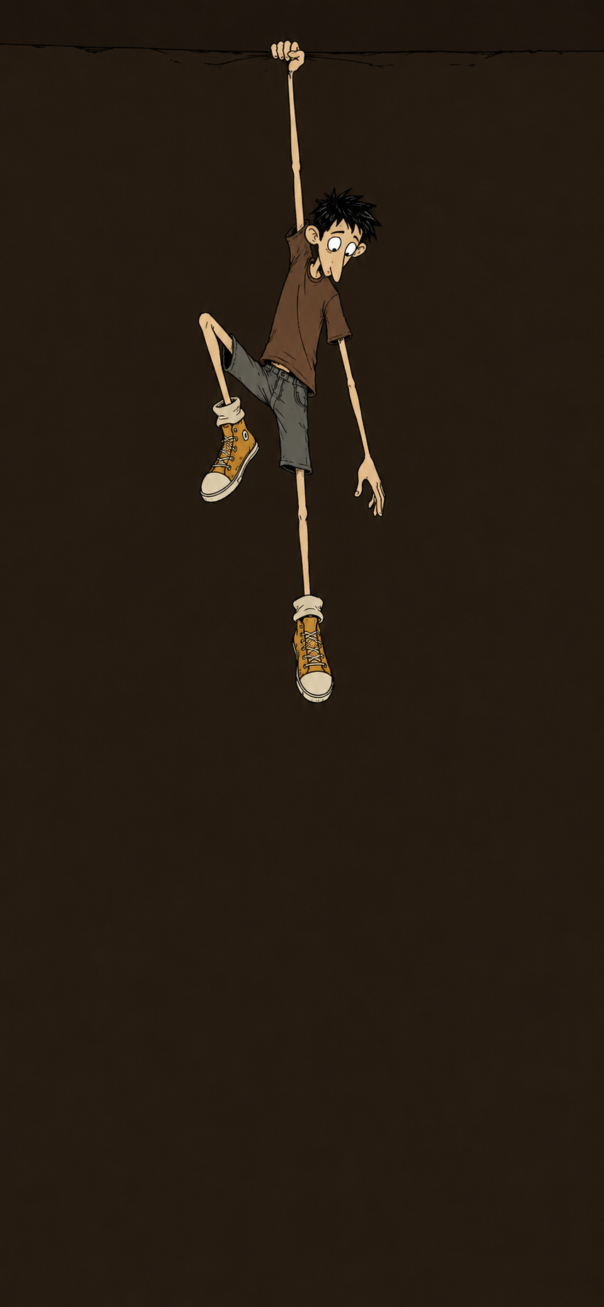 Lanky cartoon character hanging from the top edge on a dark brown vertical phone wallpaper.