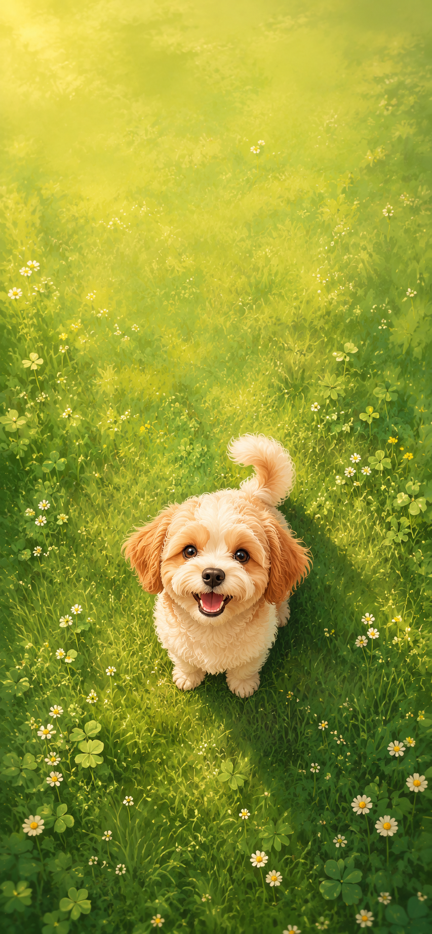 Happy small dog looking upward while standing in a lush green meadow.