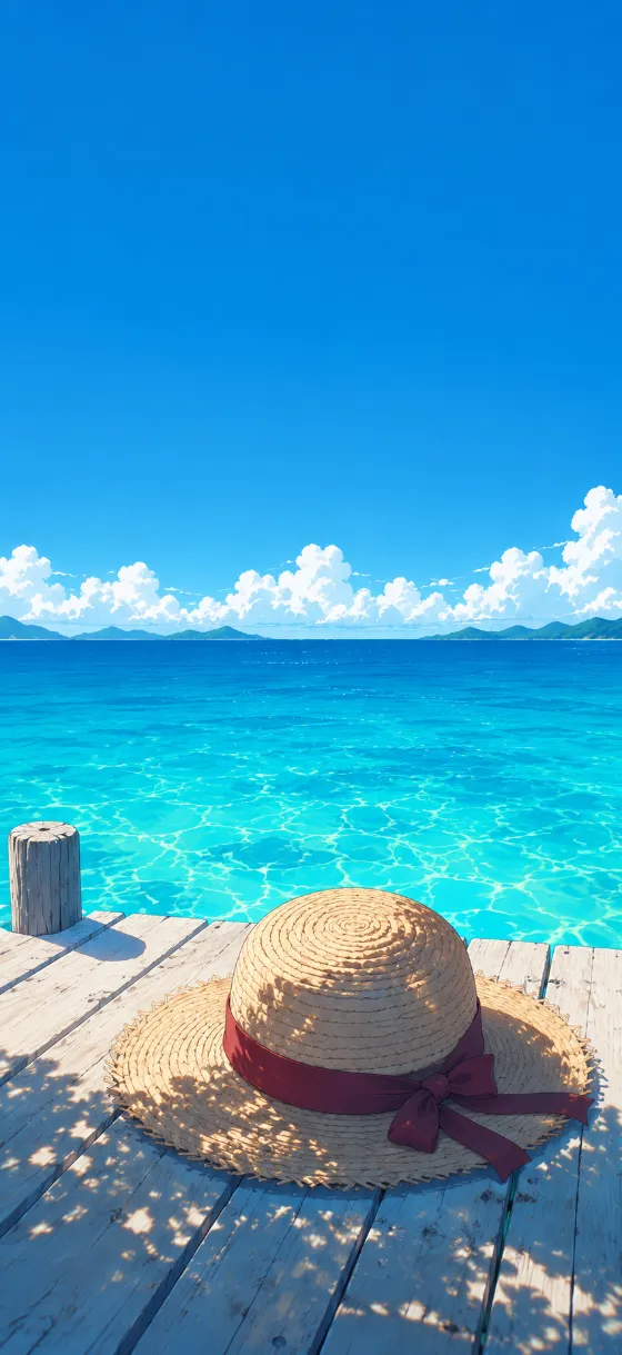 Woven straw hat with a burgundy band resting on a wooden pier facing a turquoise ocean beneath a vast blue sky.