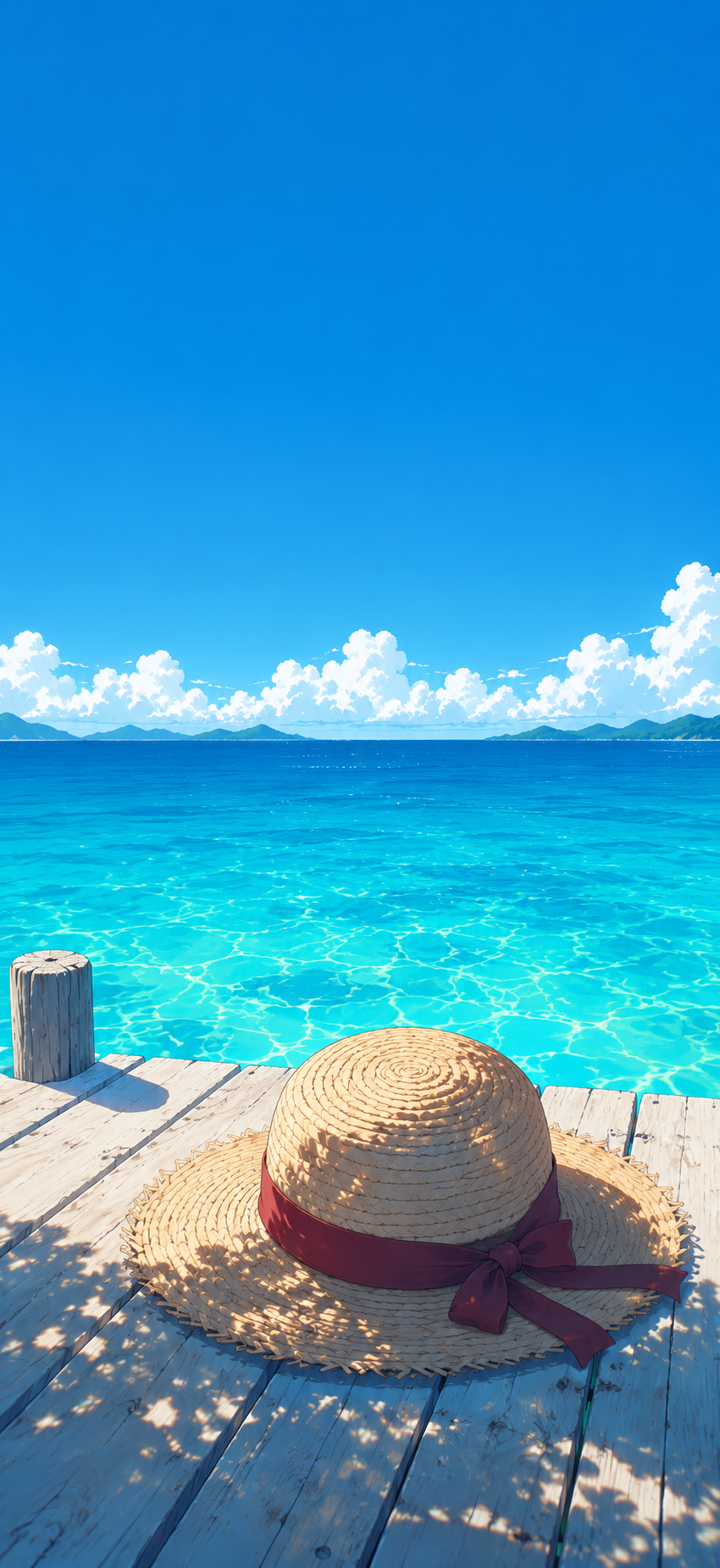 Woven straw hat with a burgundy band resting on a wooden pier facing a turquoise ocean beneath a vast blue sky.