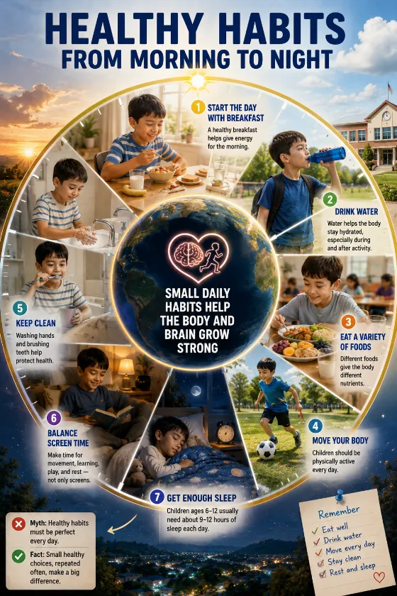 Educational clock-wheel infographic with seven numbered healthy habits and matching child lifestyle scenes.