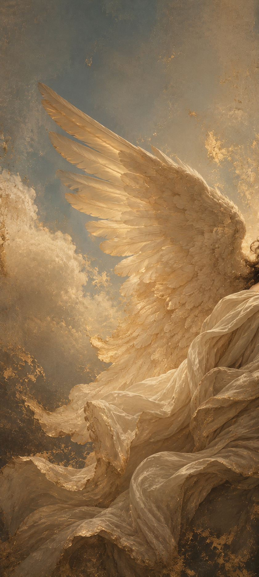 Classical angelic wallpaper showing cream feathered wings, flowing drapery, warm highlights, and aged painterly texture.