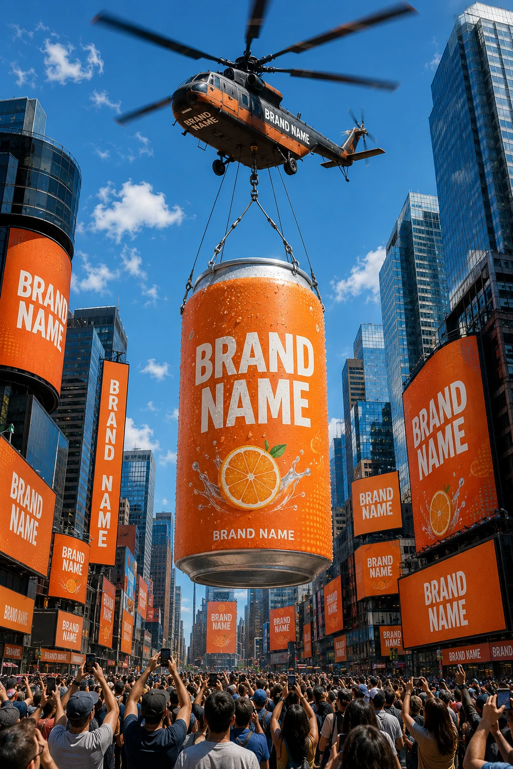 A giant orange aluminum beverage can suspended by cables beneath a helicopter over a city square with skyscrapers and a crowd of spectators.