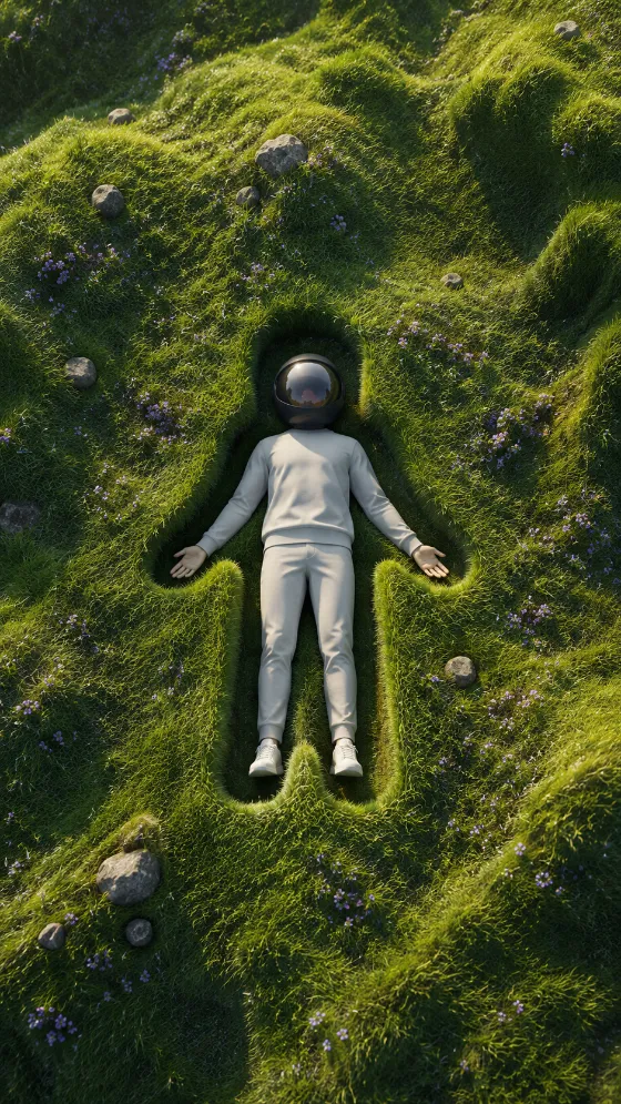 Helmeted figure lying on the back inside a body-shaped meadow depression viewed from above.