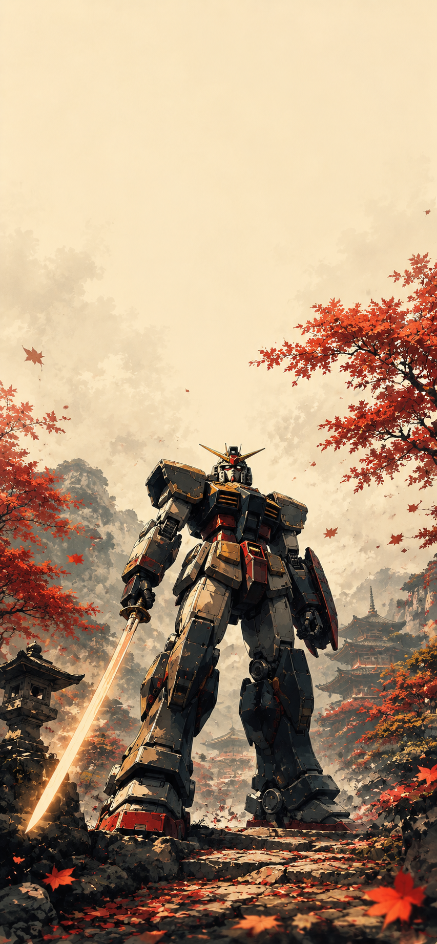 Retro-inspired giant humanoid mecha standing in a Japanese autumn landscape with dramatic cinematic composition.