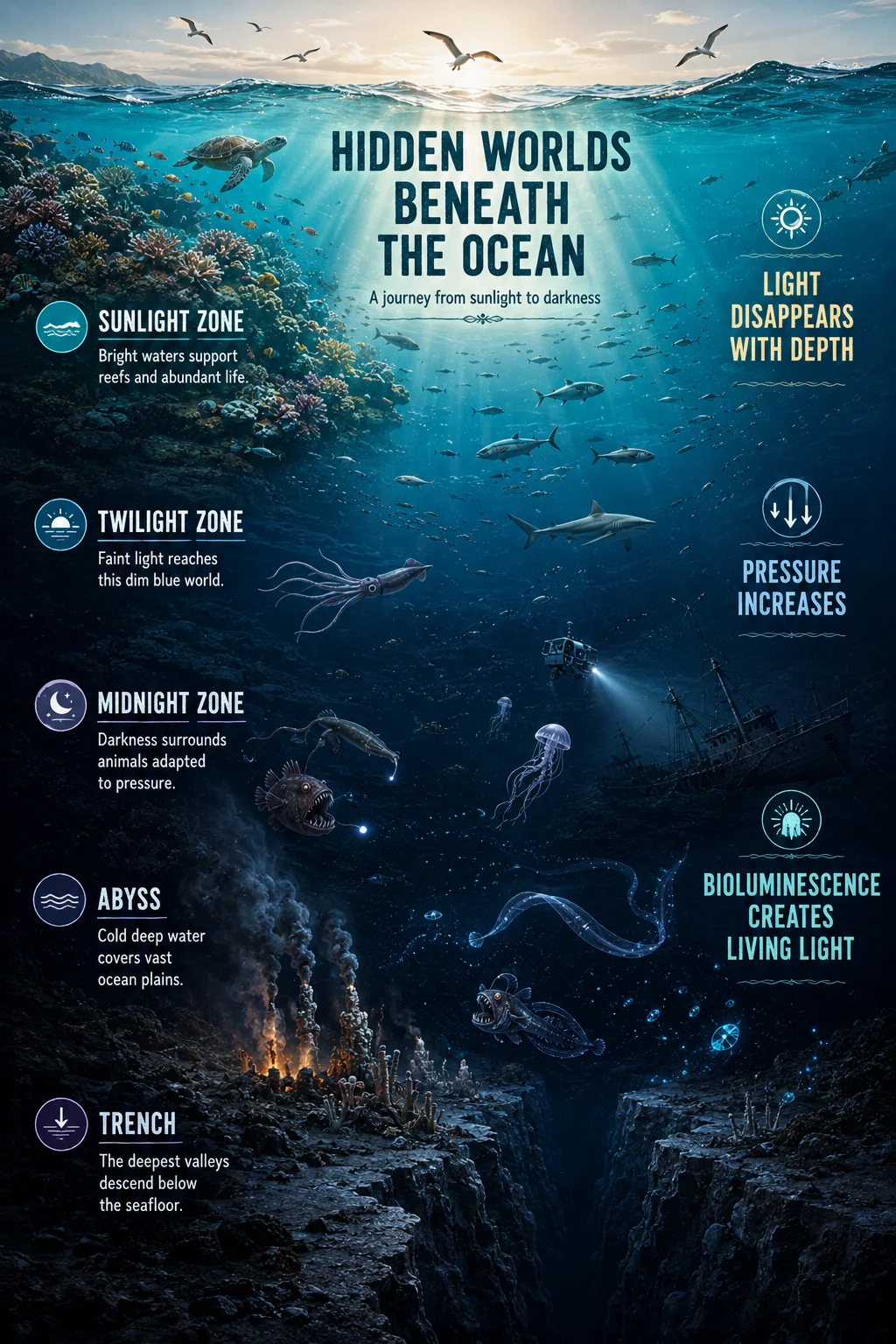 Cinematic vertical underwater poster with five ocean depth zones, three science notes, coral reef, deep-sea organisms, hydrothermal vents, and a trench.