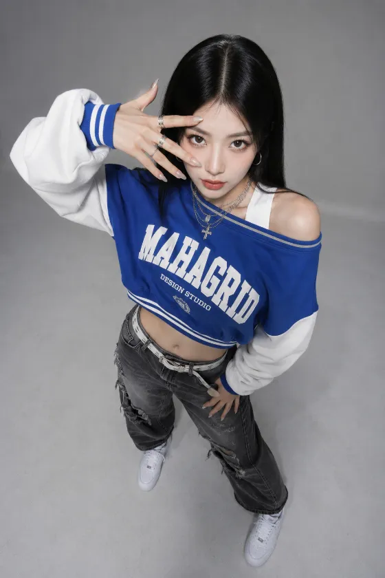 High-angle fashion portrait of a subject in an oversized cobalt varsity sweatshirt and distressed gray jeans with layered silver jewelry.
