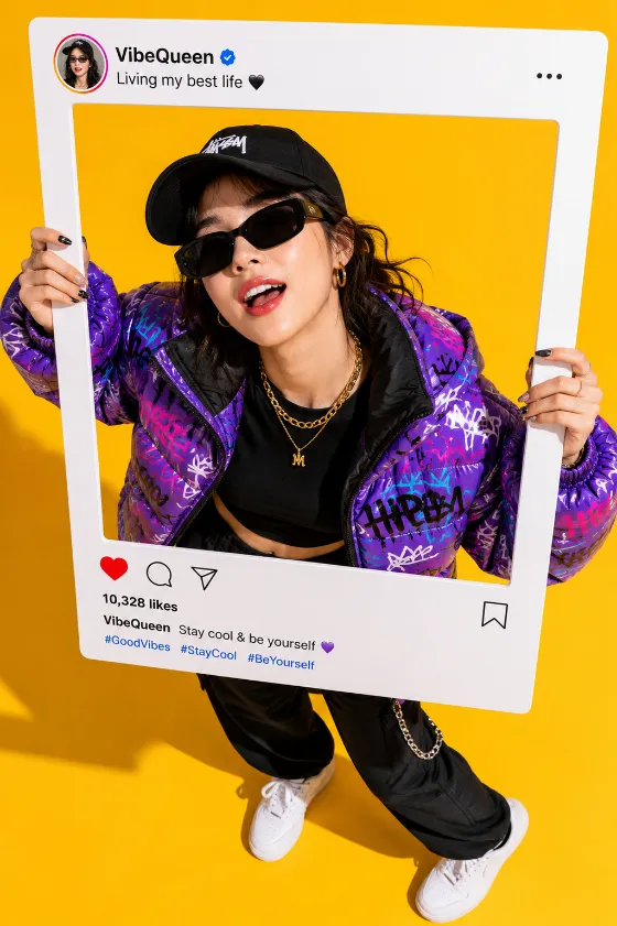 Fashion subject holding a large social-style frame in a vibrant yellow studio.