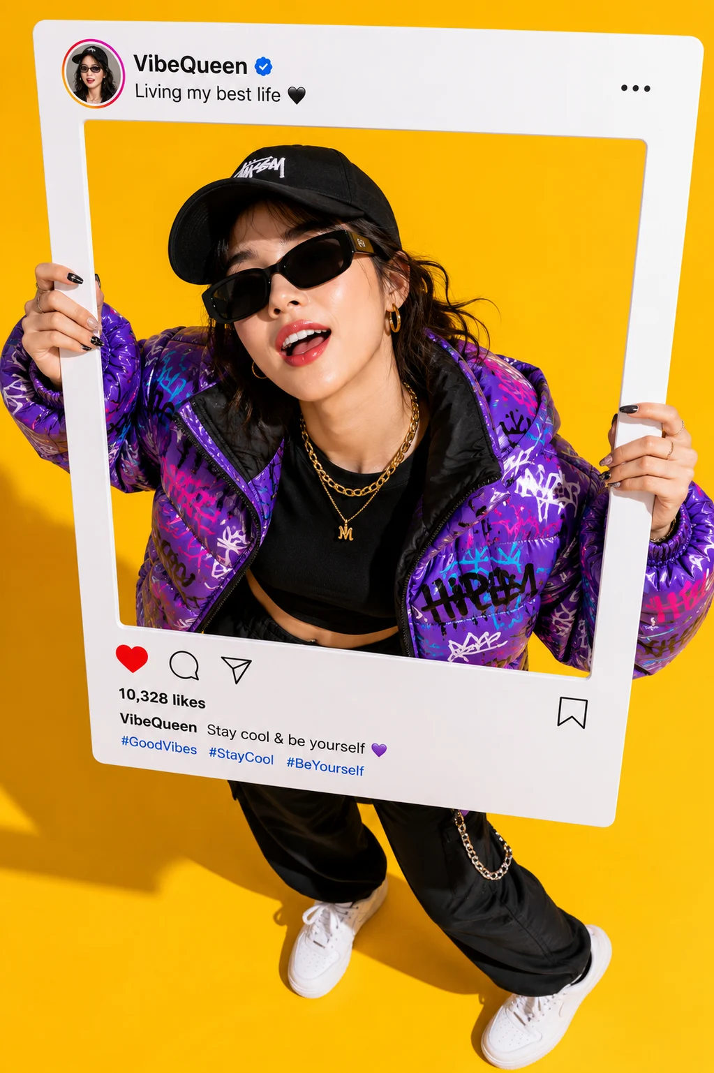 Fashion subject holding a large social-style frame in a vibrant yellow studio.