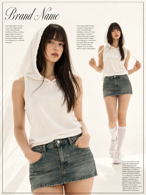 Vertical fashion editorial showing one model twice in a white hooded top and faded denim mini skirt on a bright warm-white background with thin black border.