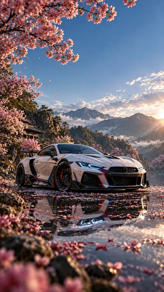 White and silver performance coupe on a reflective surface beneath pink blossoms with mountains and blue sky.