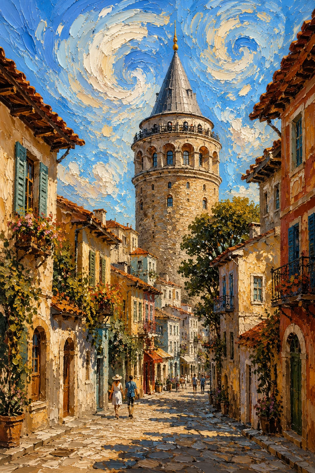 Expressive oil painting of a historic old town street with a medieval tower, colorful buildings, and a dramatic sky.