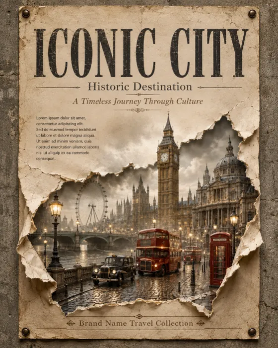 A weathered travel poster with a torn paper opening revealing a miniature historic city with a clock tower and vintage cars.