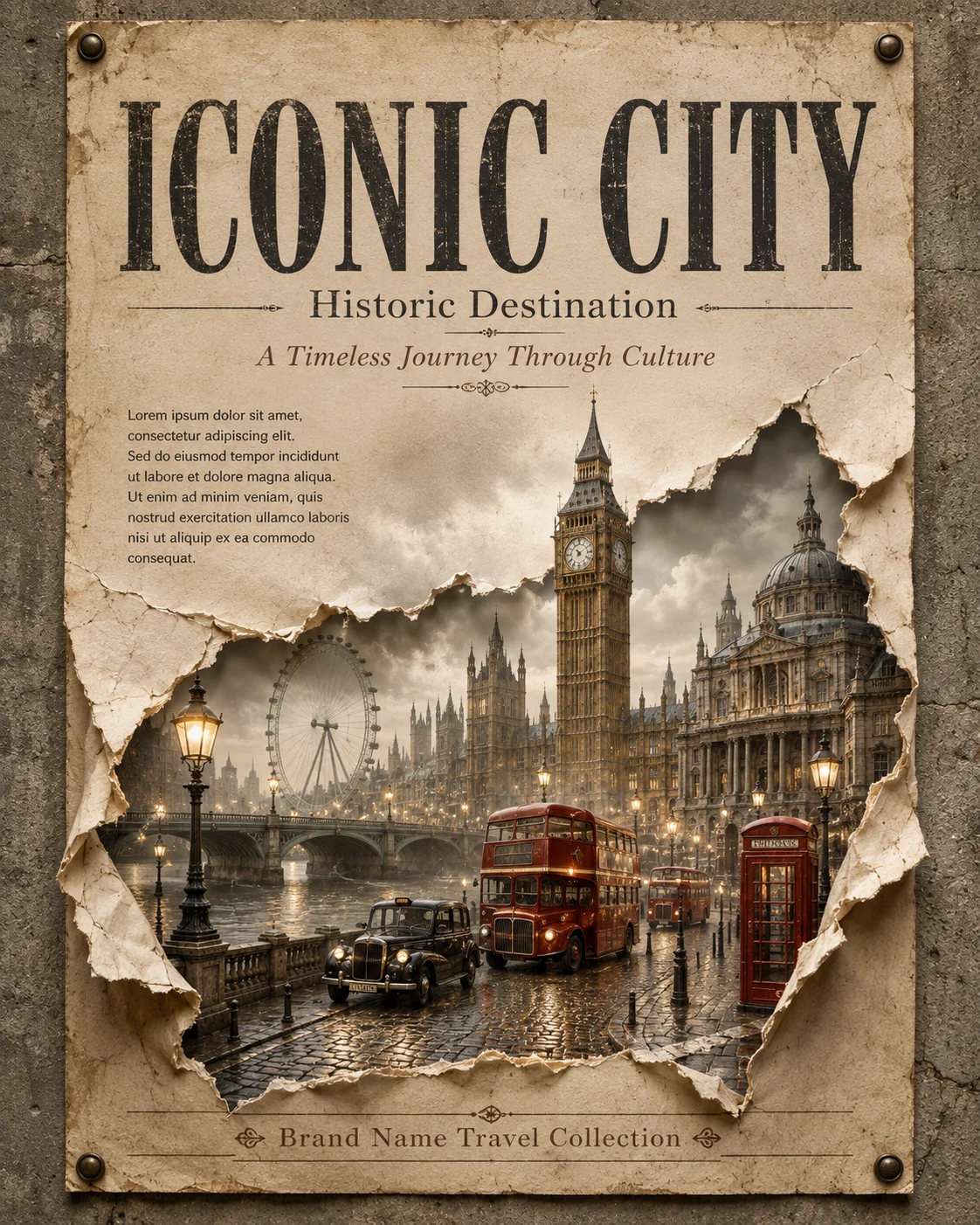 A weathered travel poster with a torn paper opening revealing a miniature historic city with a clock tower and vintage cars.