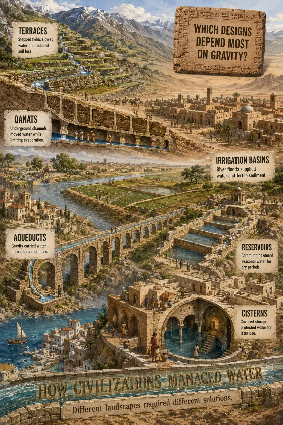 Educational historical mural showing terraces, qanats, irrigation basins, aqueducts, reservoirs, and cisterns across different landscapes with large comparison labels and a clay-tablet gravity question.