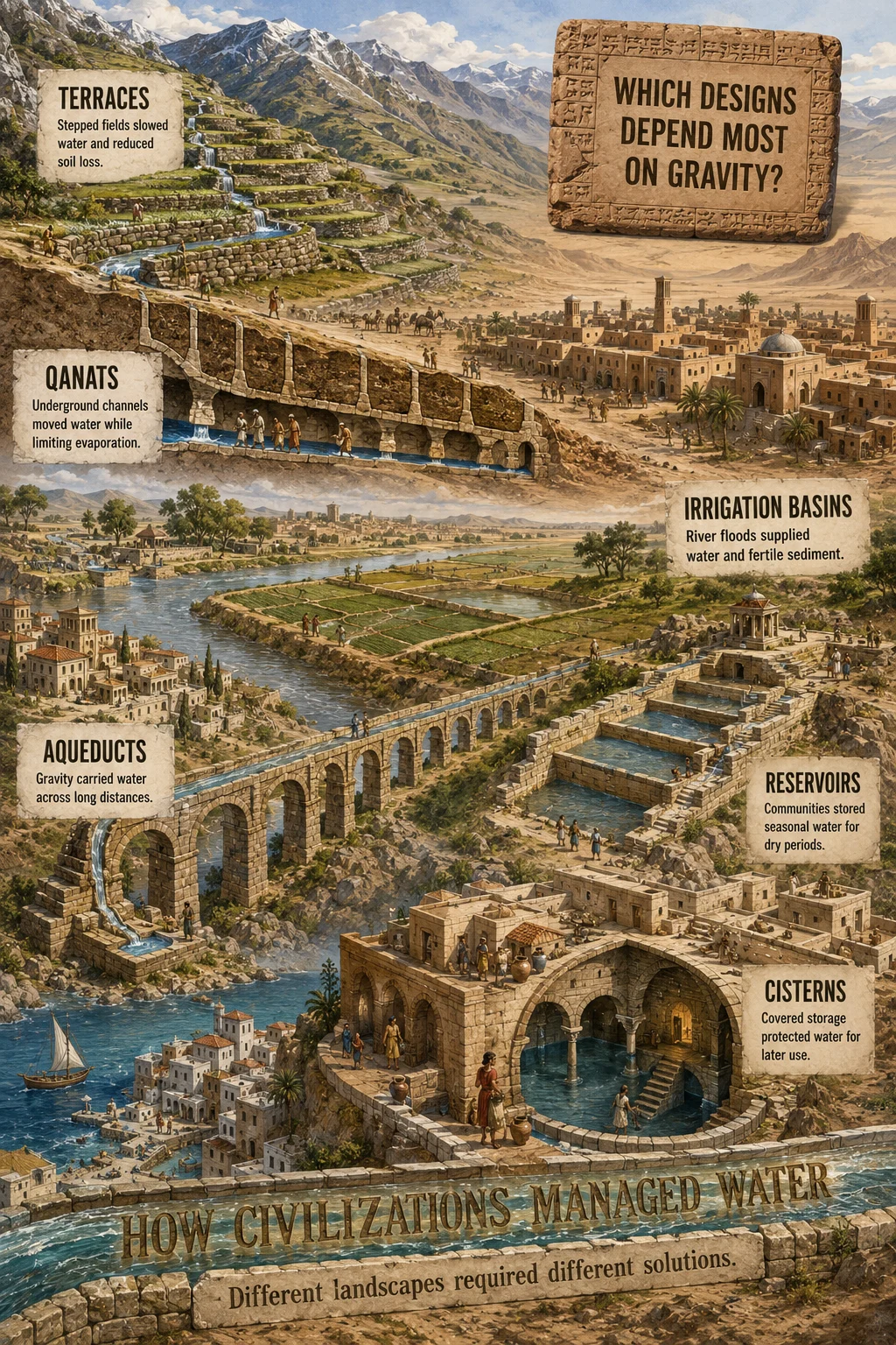 Educational historical mural showing terraces, qanats, irrigation basins, aqueducts, reservoirs, and cisterns across different landscapes with large comparison labels and a clay-tablet gravity question.