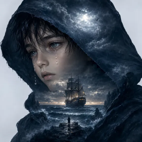 Melancholic hooded child blended with storm clouds, ocean waves, a moonlit sailing ship, and a lone silhouette.