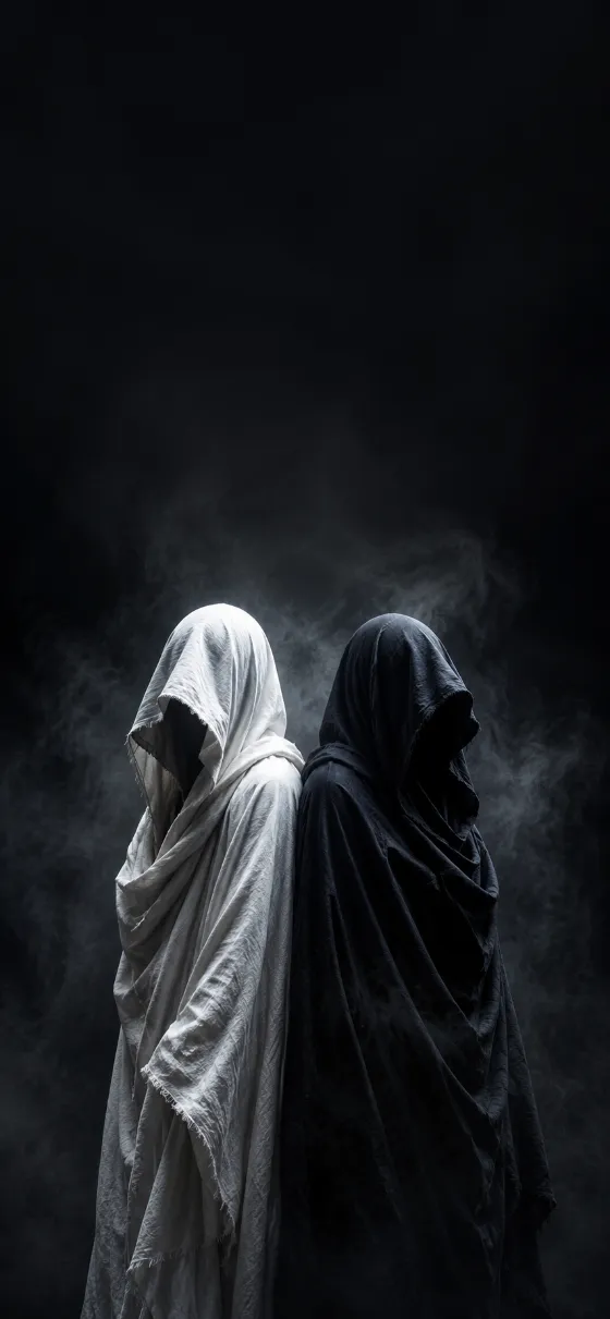 Two anonymous hooded figures in black and white draped cloaks standing in a dark smoky studio void with soft rim light.