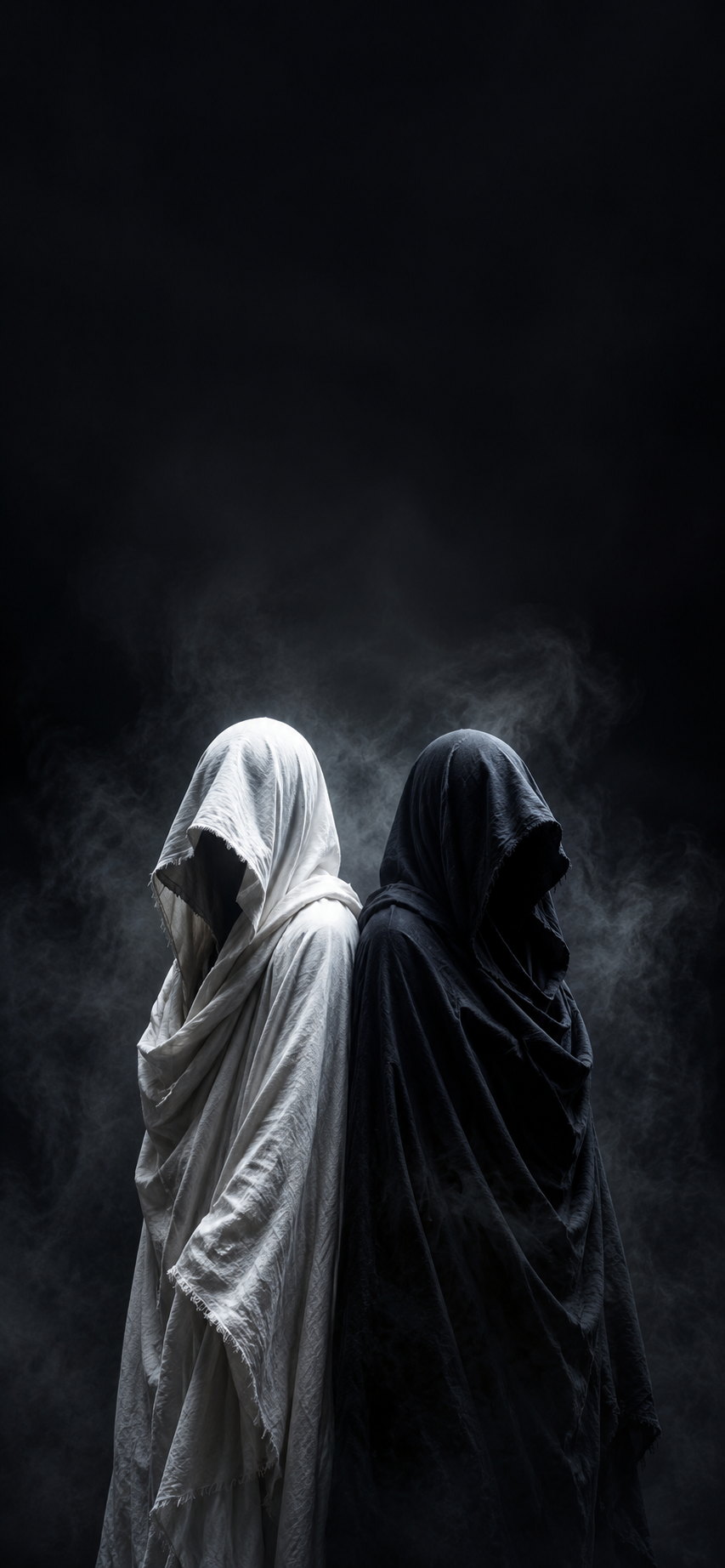 Two anonymous hooded figures in black and white draped cloaks standing in a dark smoky studio void with soft rim light.