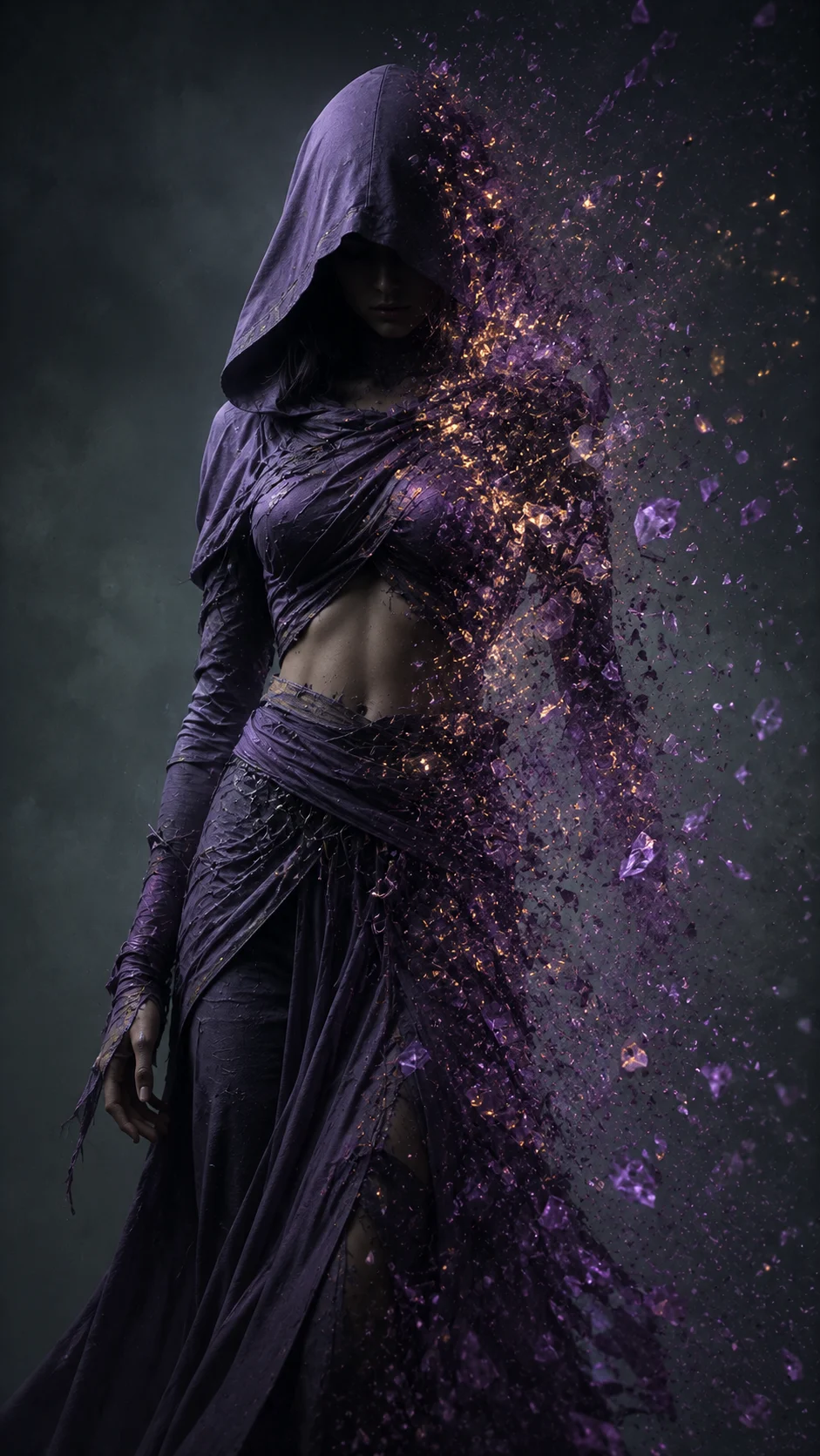 Dark hooded fantasy figure transforming into violet crystalline fragments and glowing gold particles.