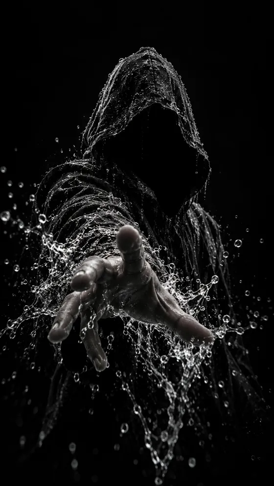 A shadowed hooded figure reaches a wet hand toward the viewer through a bright splash of water against black.