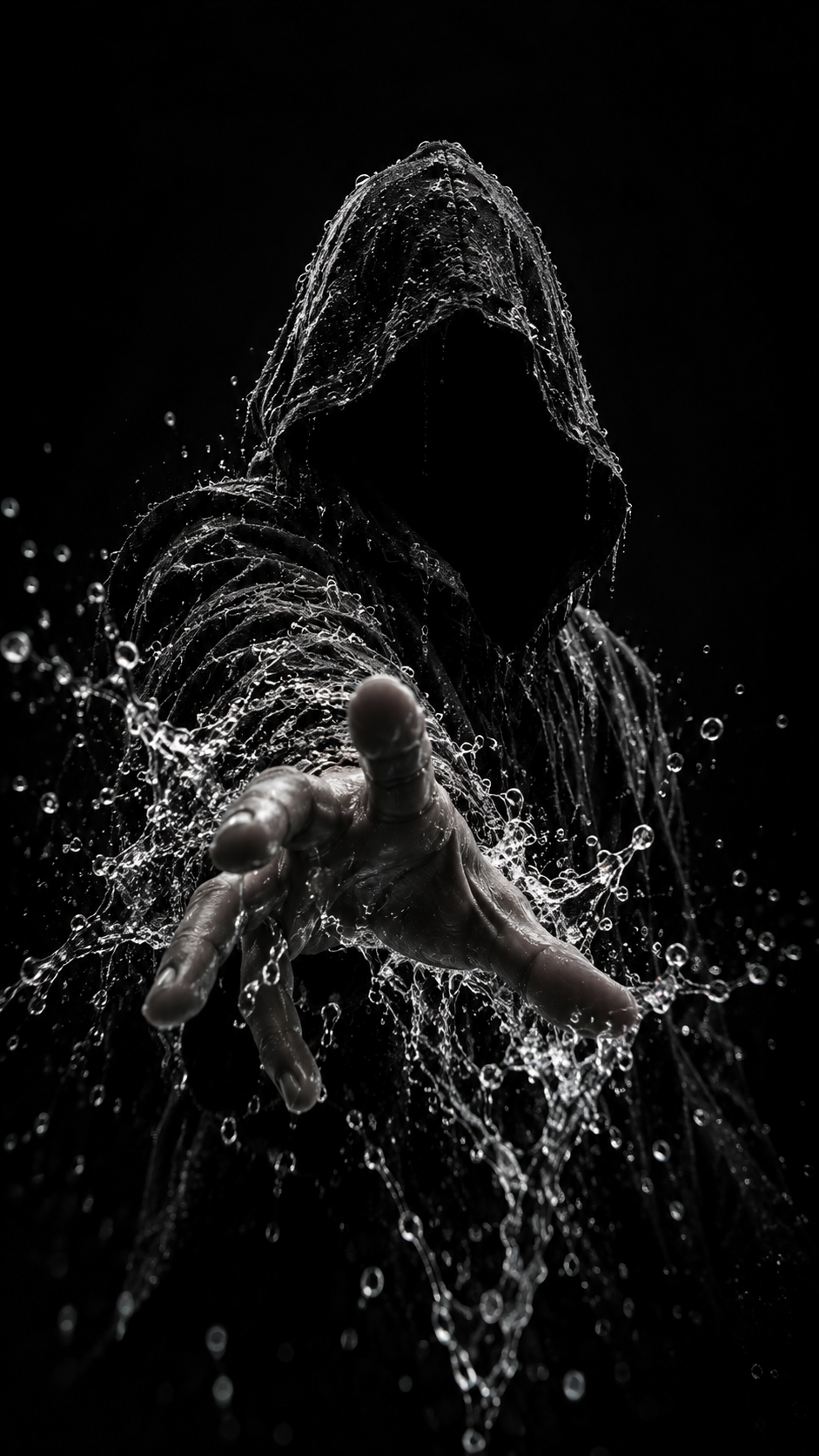 A shadowed hooded figure reaches a wet hand toward the viewer through a bright splash of water against black.