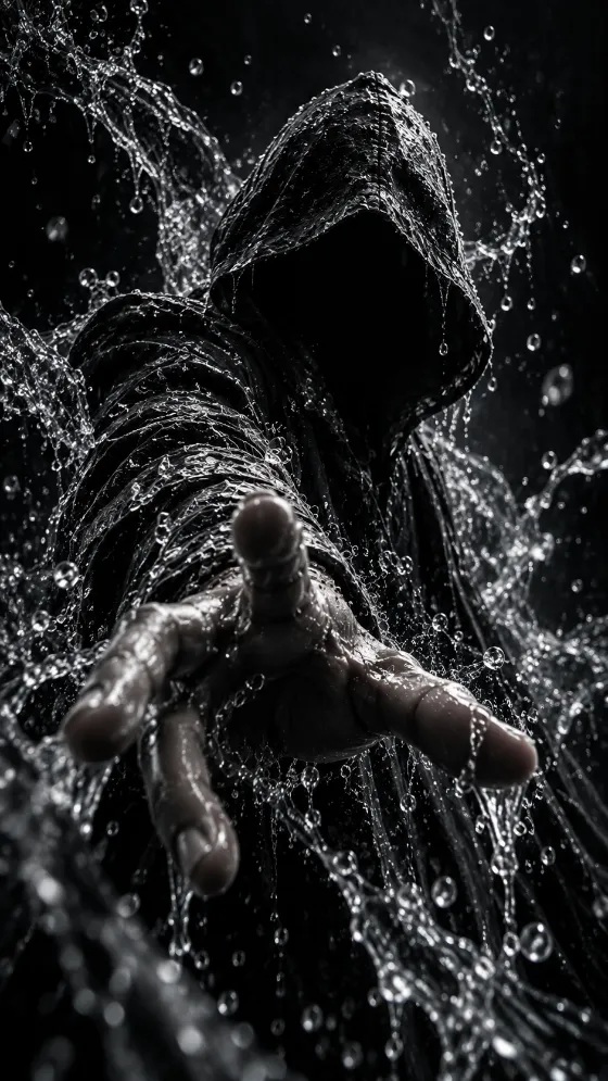 An anonymous hooded figure reaches toward the viewer through bright suspended water droplets against a black background.