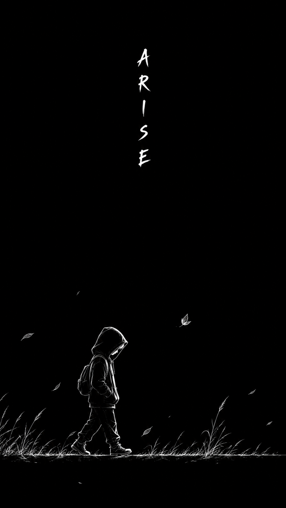A small hooded figure walking through a vast black expanse in minimalist white line art with vertical ARISE lettering.